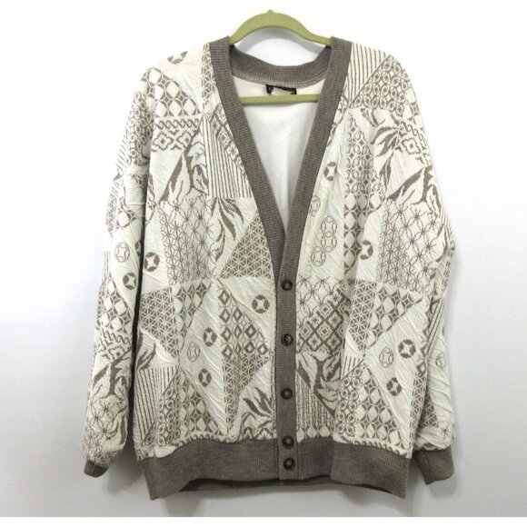 Cardigan Sweater Men's Big-3X Acrylic Cream Brown Geometric V-Neck Button-Front - Picture 1 of 7